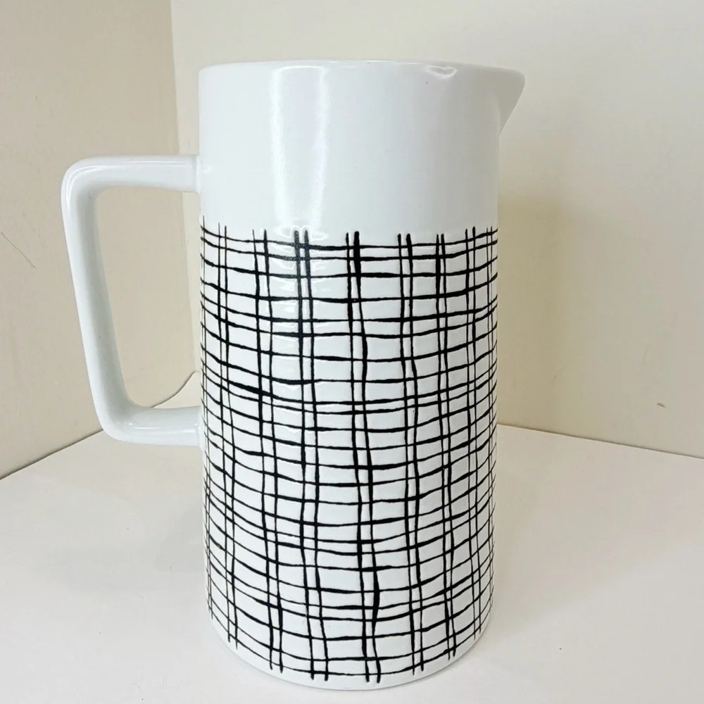 Pier 1 Imports Retired Ceramic Pitcher MCM Retro Off White Black Cross Hatch